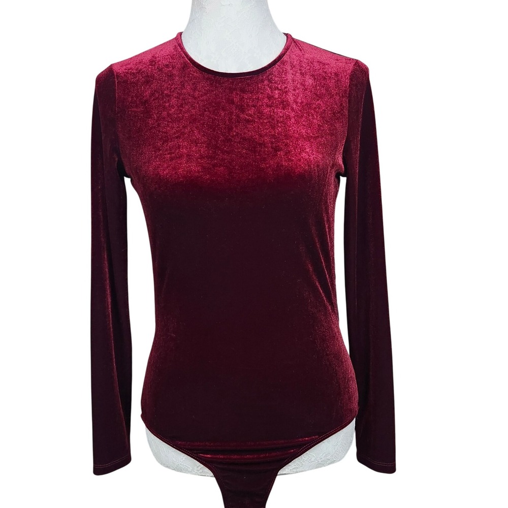 Velvet Bodysuit Red Burgundy Lace‎ Back Long Sleeve Elegant Party Top